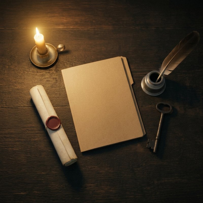 A plain manila folder on a timber table beside a wax-sealed scroll, a quill in an inkwell, an iron key and a candle stub.
